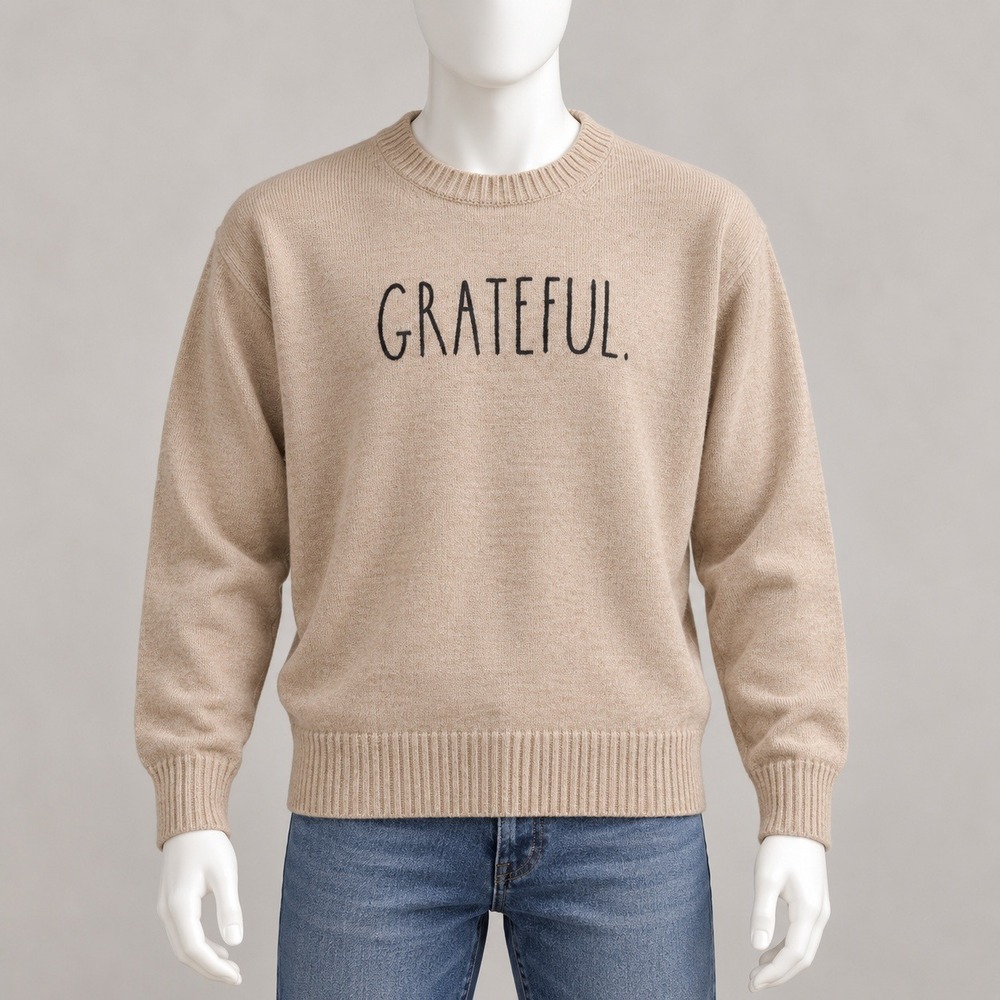 Rae Dunn Grateful Sweater Womens Medium Tan Crewneck Long Sleeve Knit Pullover